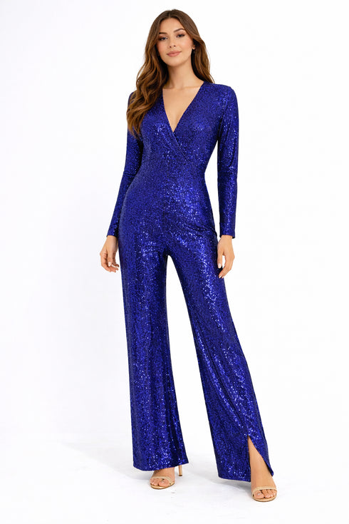 Nema - Blue Sequin V-Neck Jumpsuit