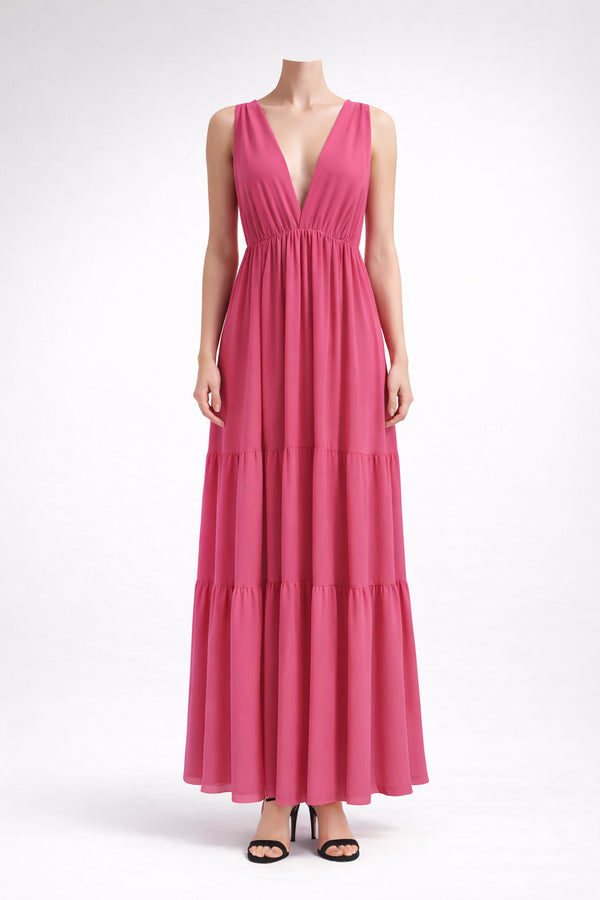 Seven Sins - Elegant Fuchsia Maxi Dress Deep V Back