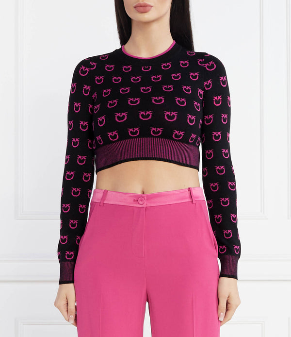 PINKO - Furetto Sweater Tubico Logo Birds Nero/Fuxia